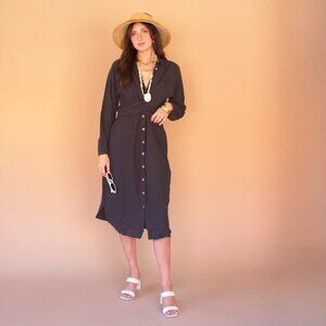 Linen Blend Button Front Tie Dress | Color Midnight | Boutique One Size Fits Mos